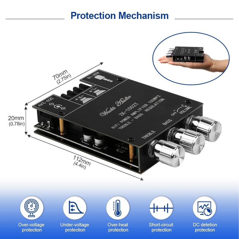 ZK-1002T Bluetooth 5.0 Amplifier Board 2.0 200W HiFi Subwoofer Audio AMP with Treble and Bass Control BT and AUX Inputs, DC 9-24V 2.0 Channel Stereo AMP Module for DIY Speakers, Password Free Smartphone