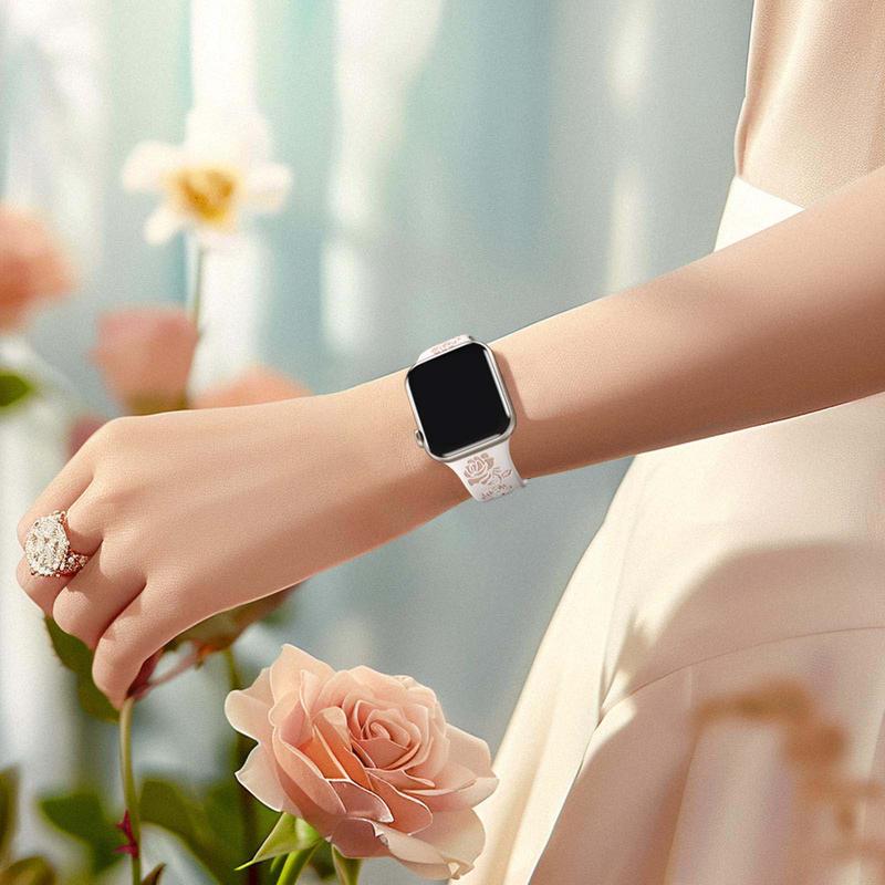 Floral Engraved Band Compatible with iWatch Bands 38mm 42mm Women, Two-Tone Flower Soft Silicone Sport Band for iWatch Series 9 8 7 6 5 4 3 2 1 SE