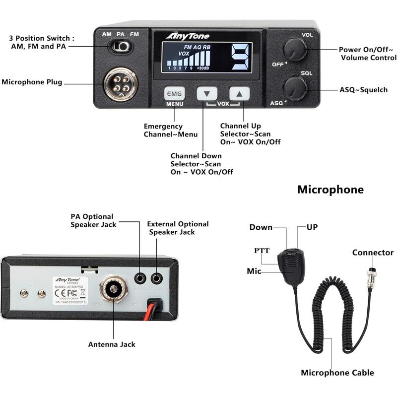 CB Radio AT-505PRO 40 Channels AM FM Power Output 4W  Audio