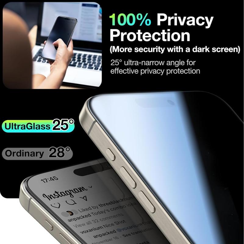 New 2-Pack for iPhone 16 15 14 13 12 11 Series Clear Privacy Screen Protectors; Easy Installation; Anti-spy Tempered-Glass; Auto Dust Elimination