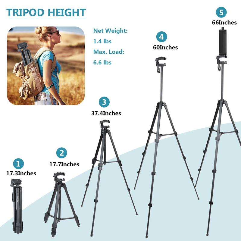 Lusweimi 60-Inch Camera Tripod for iPad pro & iPhone Cellphone Comatible with Tablet iPad Pro 12.9 inch Webcam Video Camera with  Wireless Remote & Bag for Vlog Video Photography  Selfie Accessories Adjustable Devices Flash Smartphone Handle Mobile