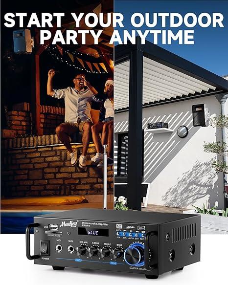 Moukey MAMP3 2.0 Channel Stereo Bluetooth 5.0 Karaoke Amplifier, 300W Audio Stereo Receiver with RCA, USB, SD, 2 Mic Inputs, FM Radio