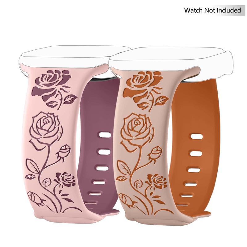 Floral Engraved Band Compatible with iWatch Bands 38mm 42mm Women, Two-Tone Flower Soft Silicone Sport Band for iWatch Series 9 8 7 6 5 4 3 2 1 SE