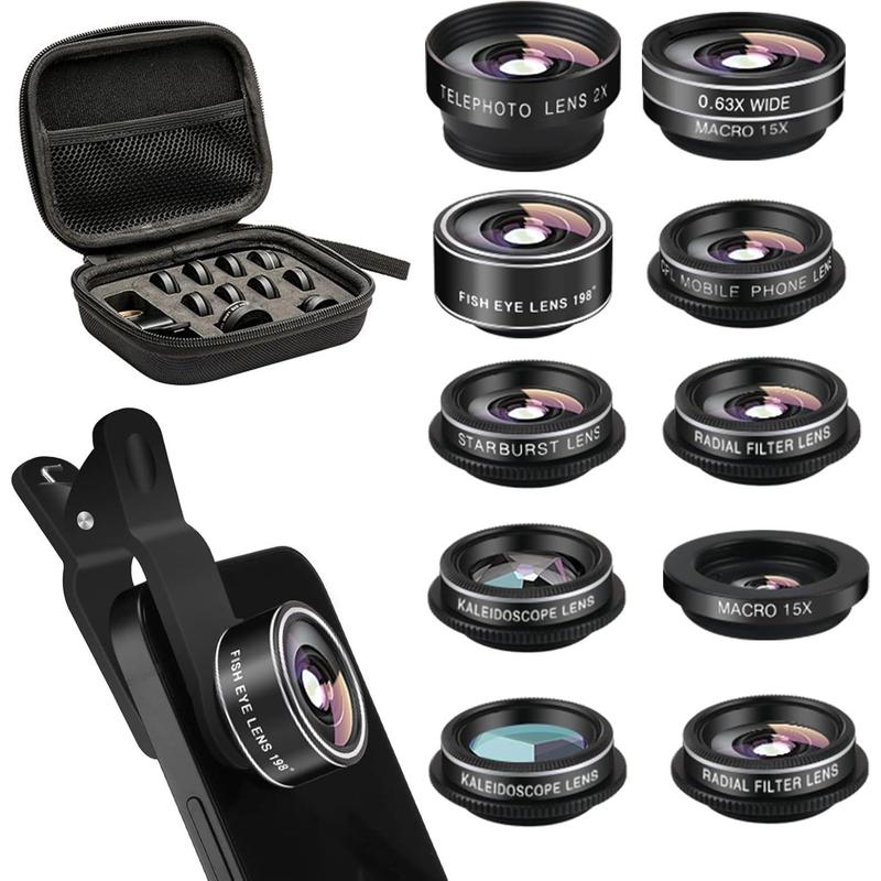 Cell Phone Camera Lens Kit,11 in 1 Super Wide Angle+ Macro+ Fisheye Lens +Telephoto+ CPL+3 6 Kaleidoscope+Starburst Radial Soft Flow Filter Lens Compatible for iPhone X 8 7 6s 6 Plus, Samsung,Android