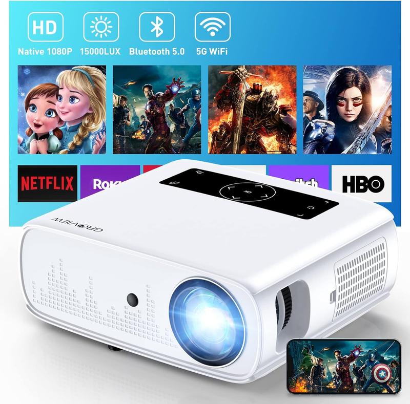 GROVIEW 5G WiFi Bluetooth Projector, 15000 lux 490 ANSI Native 1080P Projector, 300'' Video, Supports 4K, Zoom,Game Experience with LCD Technology