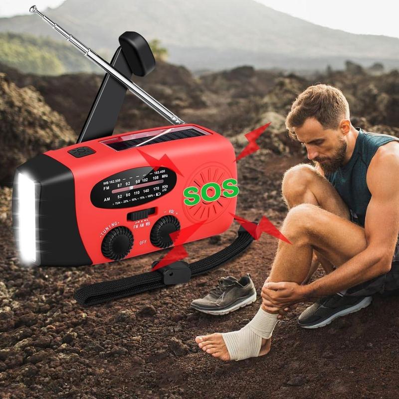 Solar & Hand Crank Emergency Radio, 2000mAh Power Bank, Bright 3-LED Flashlight, AM FM NOAA Radio, Ideal for Camping & Outdoors