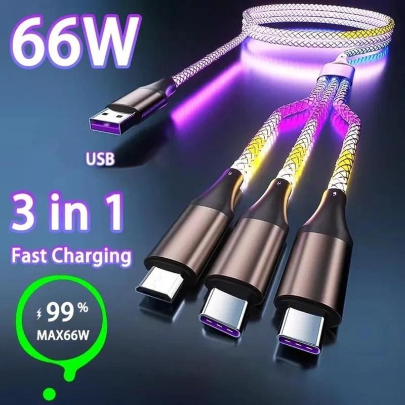 3 In 1 Luminous Charging Cable, Portable USB Charging Cable, Multifunctional Charging Cable For iPhone Android