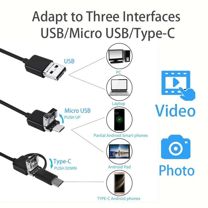 3 In 1 Type-C Micro USB Inspection Camera for Music Festival, 1 Count Waterproof Len with 6 LED Light, Waterproof USB Endoscope for Car Inspection