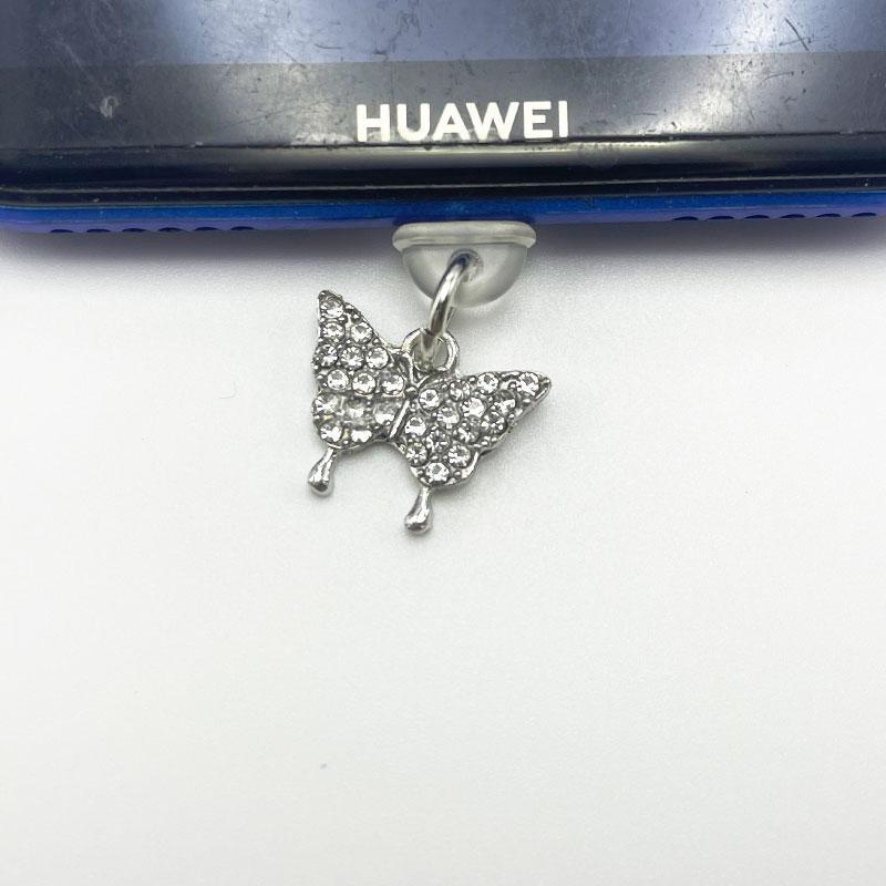 Rhinestone Butterfly Design Data Cable Charging Port Dust Plug, 1 Count Universal Mobile Phone Earphone Dust Plug, Phone Decoration Accessories