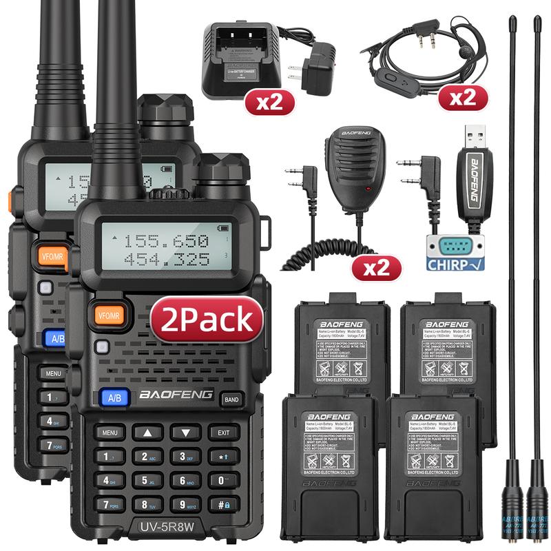 2Pack BAOFENG UV-5R 8Watt Walkie Talkie Handheld Long Range UHF VHF Radio with 4 Rechargeable Battery Portable Radio for Adults with Earpiece 771 Antenna  Programming Cable