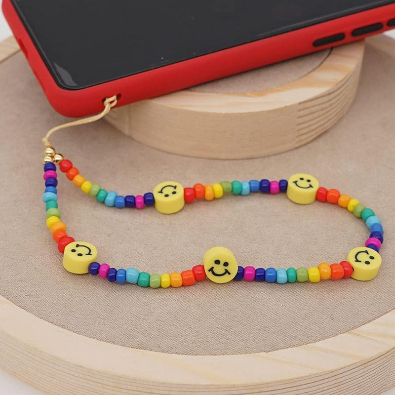 6PCS Beaded Phone Lanyard Wrist Strap Face Beaded Phone Charm Fruit Star Pearl Rainbow Color Beaded Phone Chain Strap for Women