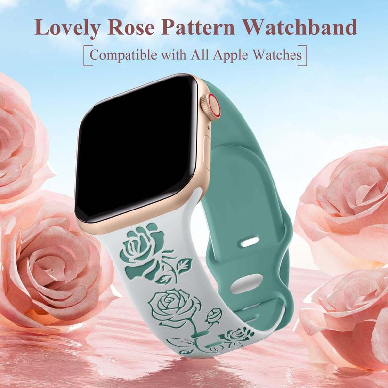 Floral Engraved Band Compatible with iWatch Bands 38mm 42mm Women, Two-Tone Flower Soft Silicone Sport Band for iWatch Series 9 8 7 6 5 4 3 2 1 SE