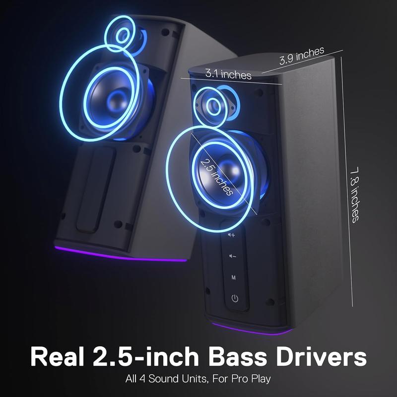 Redragon GS814 Stereo Desktop Speaker, 20W Output, 4 Real Units, BT 5.0 3.5mm AUX, Enhanced Bass, Touch-Control, Dynamic RGB Lighting