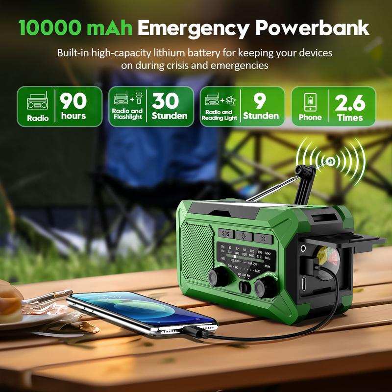 10000mAh Emergency Hand Crank Radio with LED Flashlight, AM FM NOAA Portable Weather Alert Radio, Solar Powered Radio with Phone Charger, USB Charged, SOS Alarm, Compass for Outdoors Audio Button Rechargeable Mobile emergency crank radio