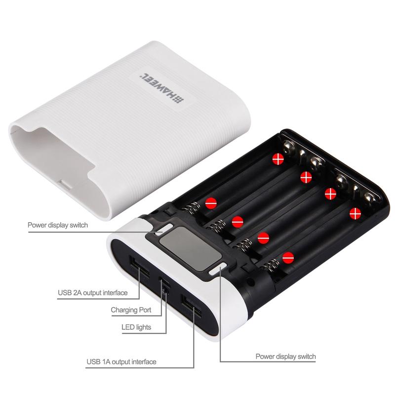 HAWEEL DIY 4 x 18650 Battery (Not Included) 10000mAh Power Bank Shell Box with 2 x USB Output & Display for iPhone, Galaxy, Sony, HTC, Google, Huawei, Xiaomi, Lenovo and other Smartphones