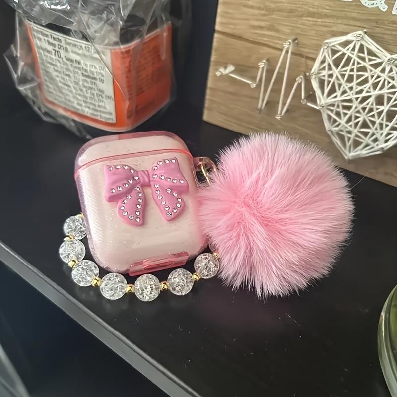 1Pc Pink Bow + Fur Ball Bead Necklace Earphone Case, for AirPods 1 2 Generation Headphone Case New Wireless Headphone Case, for AirPods 3   Pro   Pro2 Headphone Case, Gift for Boyfriend Girlfriend