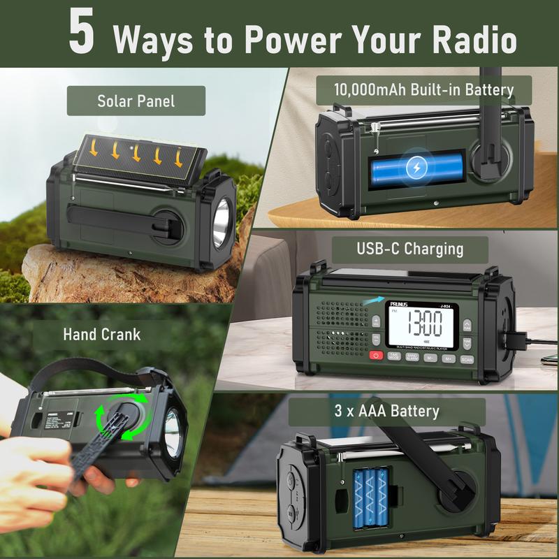 2024 New Arrival PRUNUS J-924 Hand Crank Emergency Radio 10000mAh Power Bank Solar AM FM SW NOAA Audio USB LED Light SOS Alarm Compass for Camping