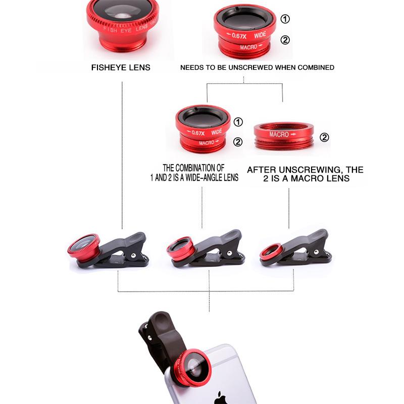 3in1 Fisheye Wide Angle Micro Camera Lens Len on Smartphone Lenses with Phone Clip