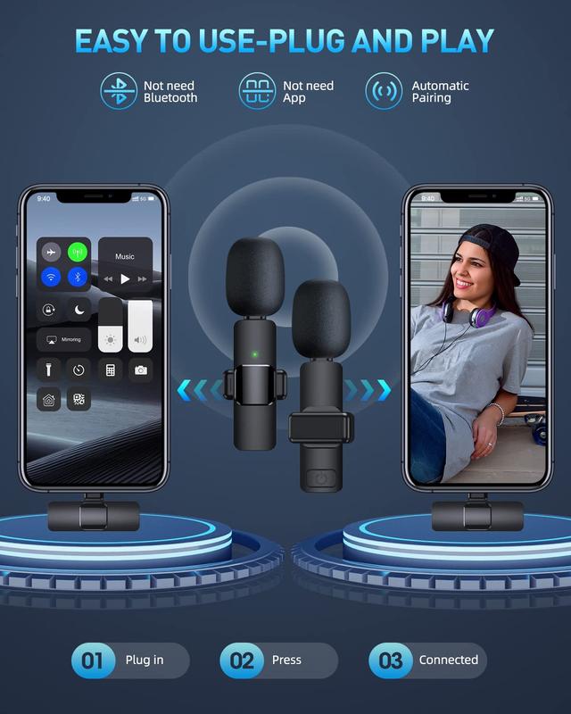 Wireless Microphone for iPhone, Android,USB-C Microphone, Wireless Lavalier Microphone, Mini Microphone, Noise Canceling Lapel Mic for Interview Video Podcast Vlog Audio Smartphone