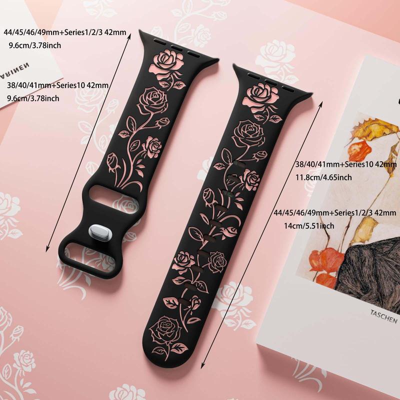 Floral Engraved Band Compatible with iWatch Bands 38mm 42mm Women, Two-Tone Flower Soft Silicone Sport Band for iWatch Series 9 8 7 6 5 4 3 2 1 SE