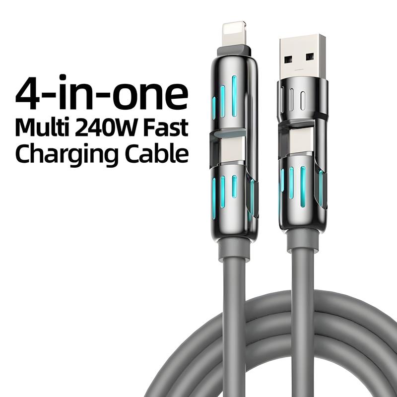 4-in-1 USB Charging Cable, fast charging cable USB A+ TYPE C + Lightning Multi national aluminum alloy cable management suitable for iPhone 16 15 14 Samsung Galaxy, Android Phones & Tablets iPad Pro Smartphone Cellphone Mobile Electronic