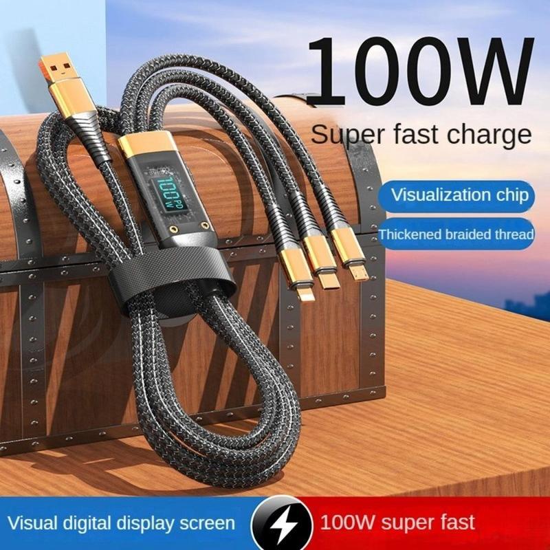 Fast Charging Cable with Digital Display, 1 Count 3-in-1 Braided Real Time Fast Charging USB C Cable for iPhone Samsung OPPO, Charger Data Cable