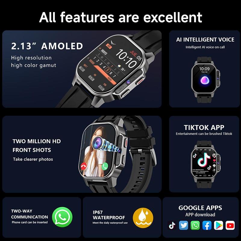 SIMSONLAB 2.13 Inch AMOLED Screen Smart Watch, Fashionable Digital Watch with Front HD Camera, Long Standby Activity Tracker for Men & Women