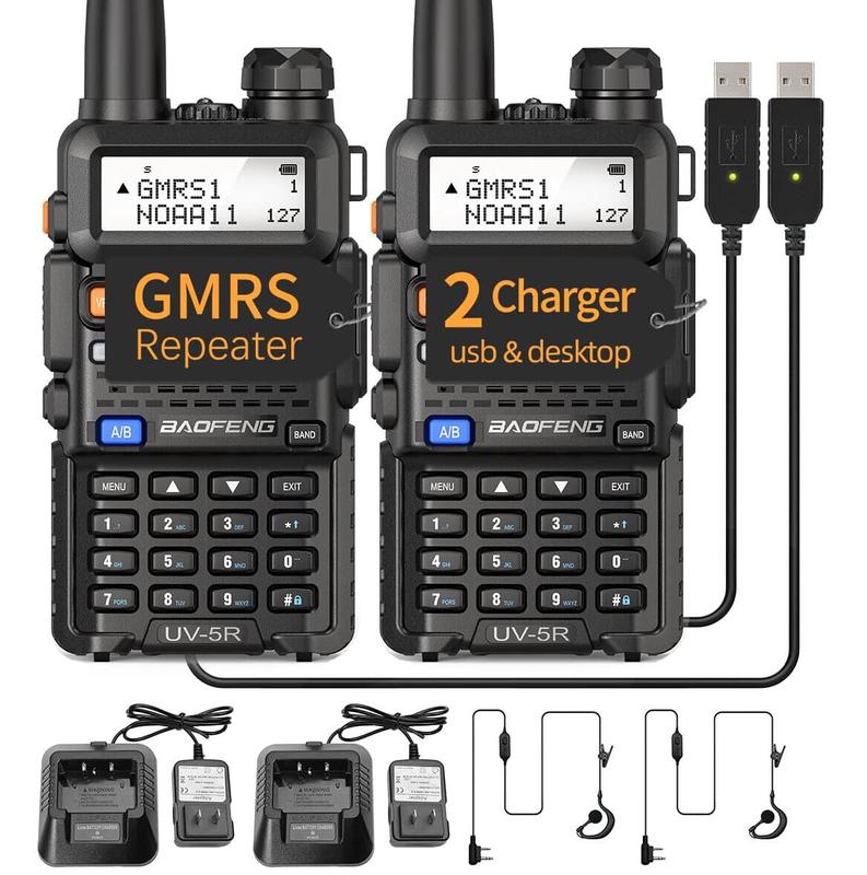 2 Pack BAOFENG UV-5R GMRS Radio Walkie Talkie Long Range Rechargeable USB Charger Two Way Radio with NOAA Weather Receiving & Scanning Handheld Radio for Adults