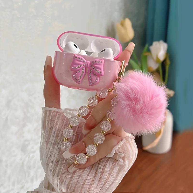 1Pc Pink Bow + Fur Ball Bead Necklace Earphone Case, for AirPods 1 2 Generation Headphone Case New Wireless Headphone Case, for AirPods 3   Pro   Pro2 Headphone Case, Gift for Boyfriend Girlfriend