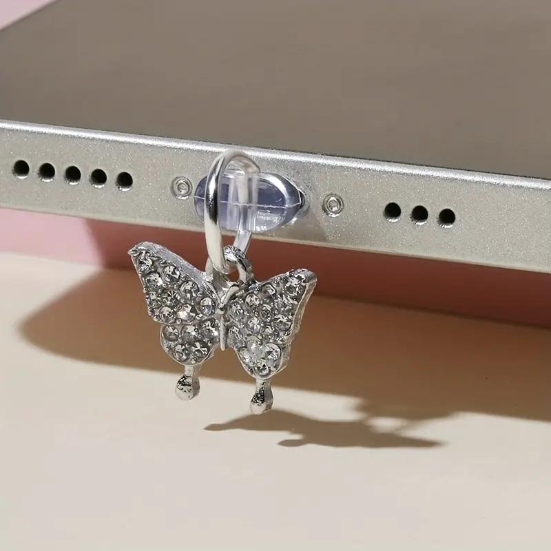 Rhinestone Butterfly Design Data Cable Charging Port Dust Plug, 1 Count Universal Mobile Phone Earphone Dust Plug, Phone Decoration Accessories