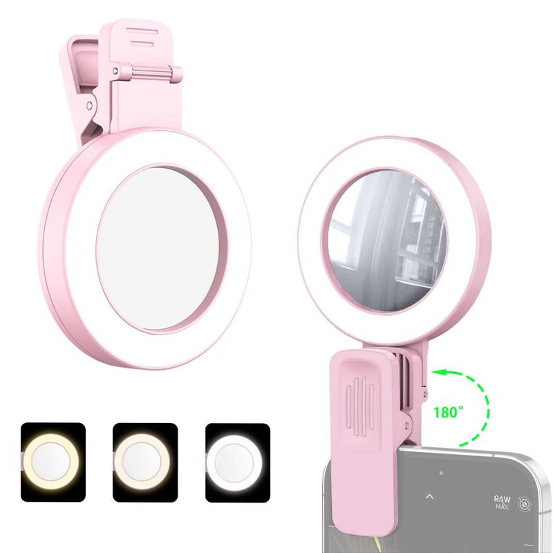 Portable Selfie Ring Light Clip with Mirror, 180° Rotatable Selfie Fill Light Clip, Selfie Accessories for iPhone Android Smartphone Live Streaming