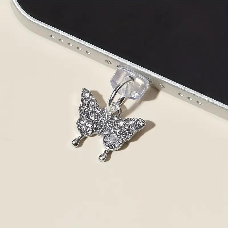 Rhinestone Butterfly Design Data Cable Charging Port Dust Plug, 1 Count Universal Mobile Phone Earphone Dust Plug, Phone Decoration Accessories