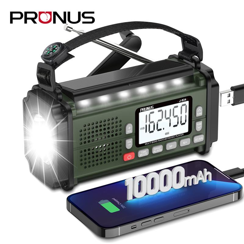 2024 New Arrival PRUNUS J-924 Hand Crank Emergency Radio 10000mAh Power Bank Solar AM FM SW NOAA Audio USB LED Light SOS Alarm Compass for Camping