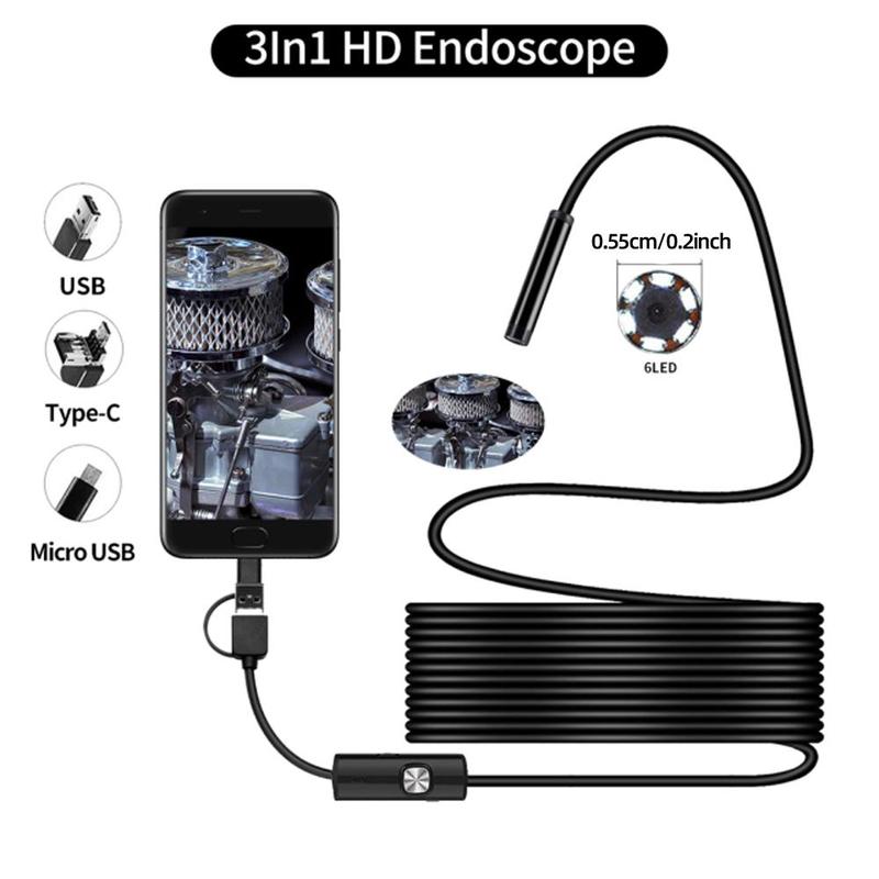 Endoscope Camera, 1Count 3 in 1 Waterproof 6LED Light Pipe Car Inspection Camera, Industrial Endoscope Camera for Android Phone