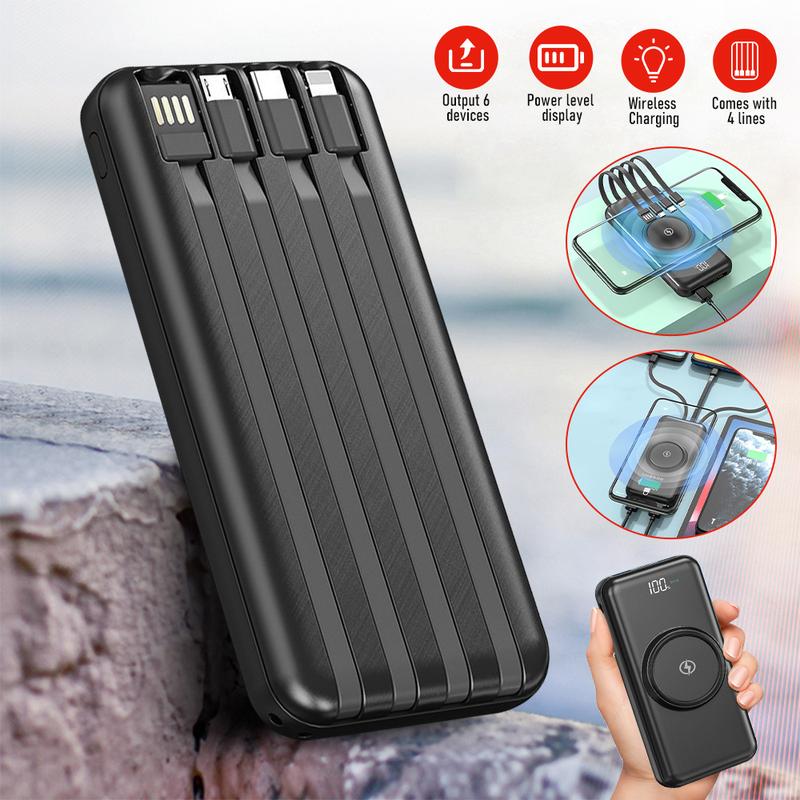 10000mAh Wireless Portable Charger Power Bank with Built-in 4 Cable, 6 Outputs & 3 Inputs Fast Charging External Power Delivery USB-C Battery Pack, fit for iPhone, Samsung, AirPods, and More