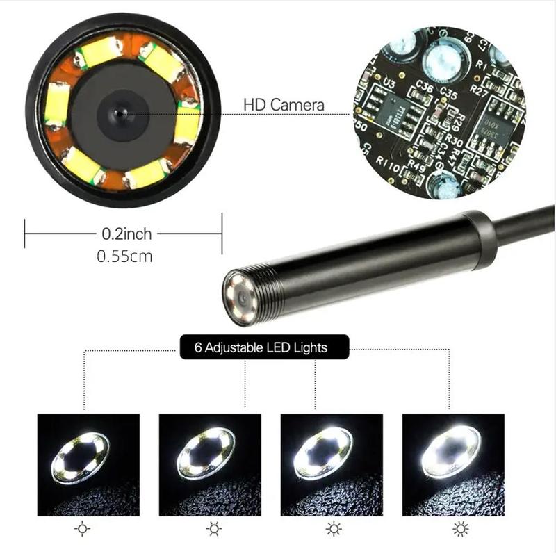 Endoscope Camera, 1Count 3 in 1 Waterproof 6LED Light Pipe Car Inspection Camera, Industrial Endoscope Camera for Android Phone