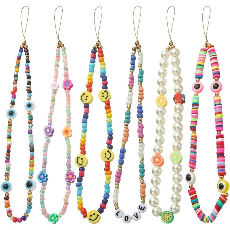 6PCS Beaded Phone Lanyard Wrist Strap Face Beaded Phone Charm Fruit Star Pearl Rainbow Color Beaded Phone Chain Strap for Women