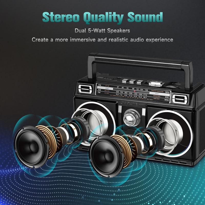 PRUNUS J-750 AM FM Radio Portable with Bluetooth Speaker, USB TF Card Playing, Solar USB-C Rechargeable Radio, Double Speaker, Colorful Light, Transistor Radio, Radios Portable AM FM, Bluetooth Radio Audio Charging Stereo Wireless