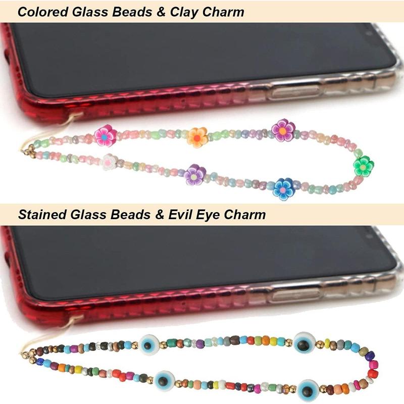 6PCS Beaded Phone Lanyard Wrist Strap Face Beaded Phone Charm Fruit Star Pearl Rainbow Color Beaded Phone Chain Strap for Women