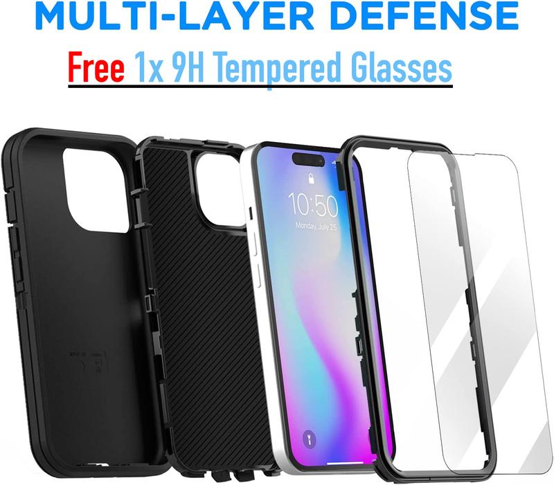 For Apple iPhone Case For iPhone 15 14 Plus 13 12 11 Pro Max Shockproof Defender Rugged Heavy Duty Triple Layers Dropproof Cover - Free Tempered Glass Screen Protector