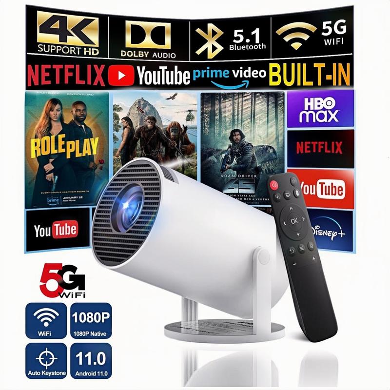 Mini Portable Projector 4K 1080P Full HD Support Android iOS,  WiFi 5, BT 5.1, 180° Rotation, Small Home Theater Projector with Auto Keystone Correction, Outdoor Movie Projector Ideal Gift for Halloween, Christmas, Friends and Family projector