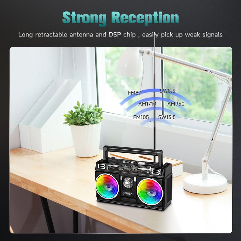 PRUNUS J-750 AM FM Radio Portable with Bluetooth Speaker, USB TF Card Playing, Solar USB-C Rechargeable Radio, Double Speaker, Colorful Light, Transistor Radio, Radios Portable AM FM, Bluetooth Radio Audio Charging Stereo Wireless