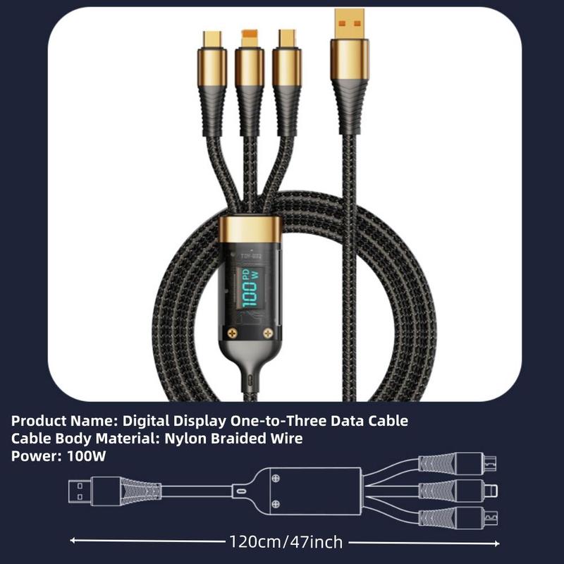 Fast Charging Cable with Digital Display, 1 Count 3-in-1 Braided Real Time Fast Charging USB C Cable for iPhone Samsung OPPO, Charger Data Cable