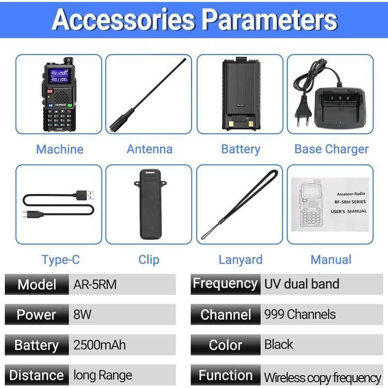 BAOFENG Radio 5RM Ham Radio10W Long Range Handheld AR-5RM Two Way Radio NOAA Weather Receiver Rechargeable Walkie Talkies Longe Range Copy Frequency 999CH with Type C Charging 2500mAh Battery