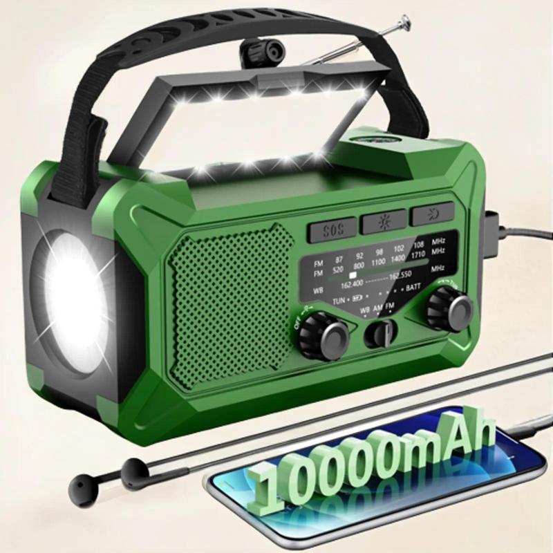 10000mAh Emergency Hand Crank Radio with LED Flashlight, AM FM NOAA Portable Weather Alert Radio, Solar Powered Radio with Phone Charger, USB Charged, SOS Alarm, Compass for Outdoors Audio Button Rechargeable Mobile emergency crank radio