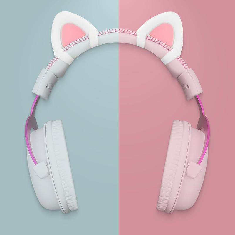 Cute Pink Cat Ears Fits for HypreX Cloud Cloud Stinger Cloud Flight Headsets, Universal Fit Lovely Kitty Adjustable Attachment Straps for Video Live Gaming Headphone,White & Pink