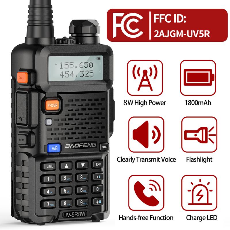 2Pack BAOFENG UV-5R 8Watt Walkie Talkie Handheld Long Range UHF VHF Radio with 4 Rechargeable Battery Portable Radio for Adults with Earpiece 771 Antenna  Programming Cable