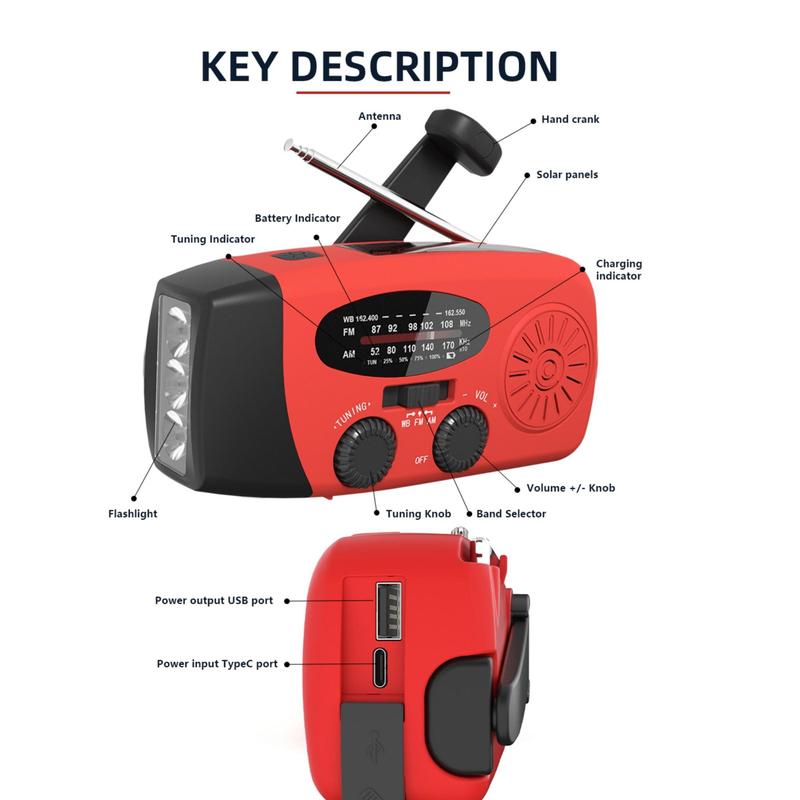 Solar & Hand Crank Emergency Radio, 2000mAh Power Bank, Bright 3-LED Flashlight, AM FM NOAA Radio, Ideal for Camping & Outdoors