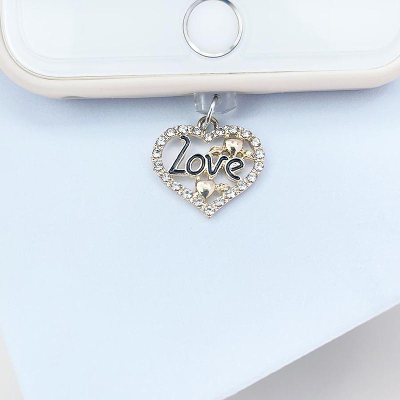 Heart & Love Letter Design Charging Port Anti Dust Plug, Rhinestone Decor Phone Charging Port Dust Plug, Phone Accessories Compatible with iPhone Android