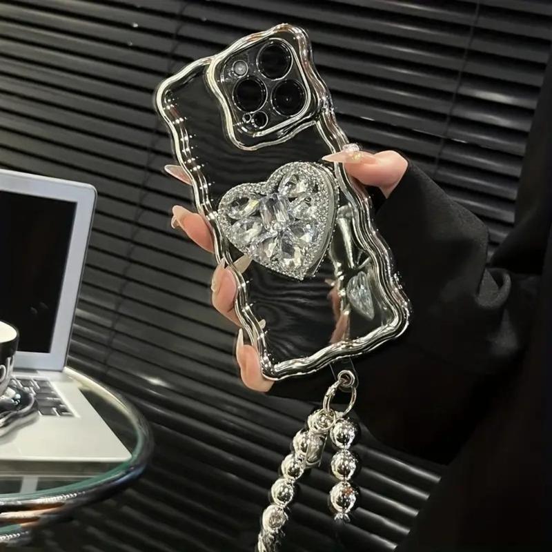 Rhinestone Decor Mirror Phone Case with Bracelet, 1 Count Full Covered Lens Phone Protective Cover for iPhone 11 12 13 14 Promax Cases iPhone 14 Plus